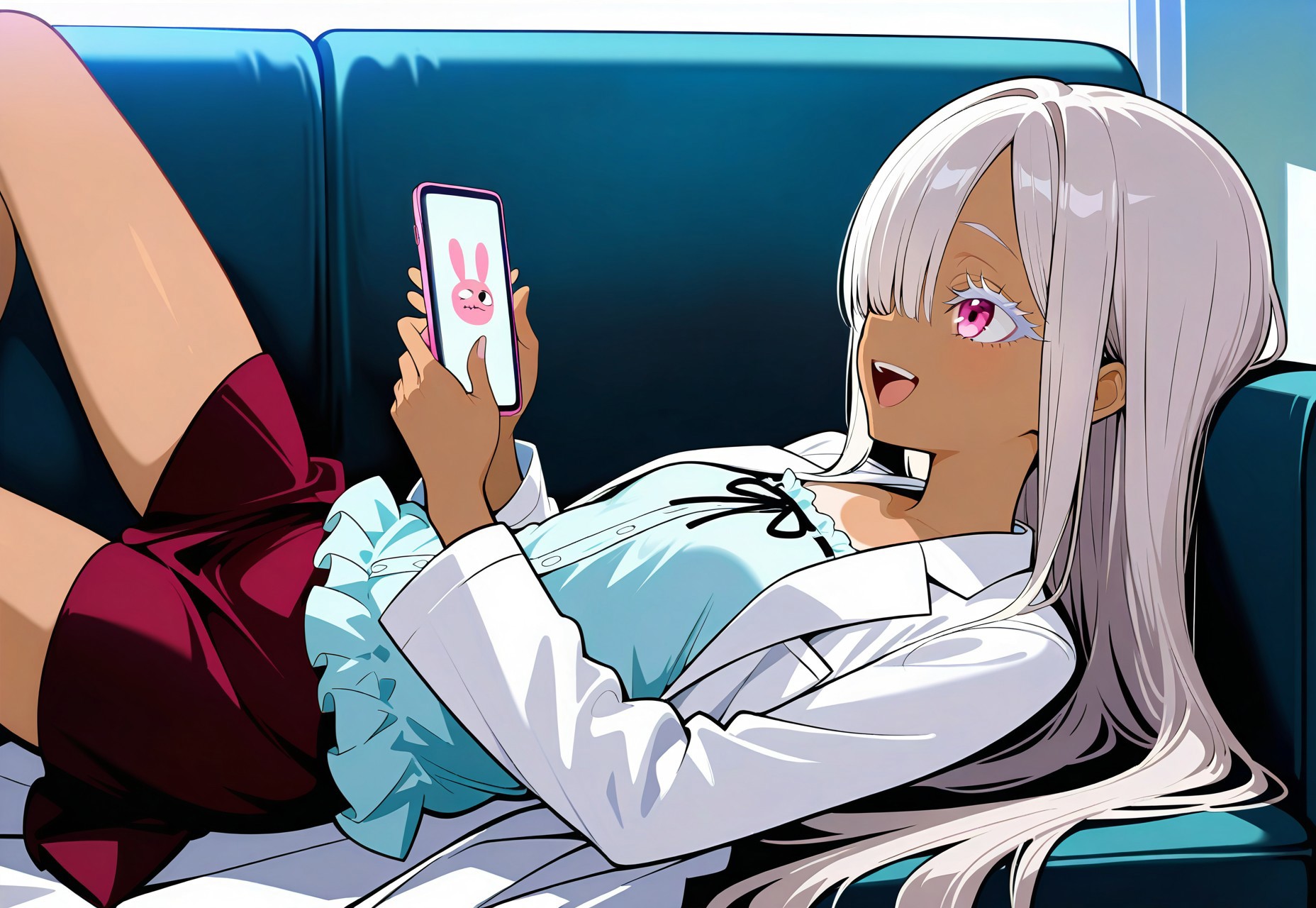 safe_pos, safe_pos, masterpiece,best quality,amazing quality,  Anime stil, Anime Screenshot, Anime art, anime colors, small breast, , 1girl
'
masterpiece, absurd, long straight hair, completely ash-gray hair, clear lightreddish pink eye, slim, petite, , small stature, small breast,  ultra detailed eyes,  side bangs, her left eye covered by hair, white eyelashes, white eyelashes, tanned, lab coat

lying on the couch, comfortable, light blue blouse, dark red skirt, cell phone in hand, looking at cell phone, laughing