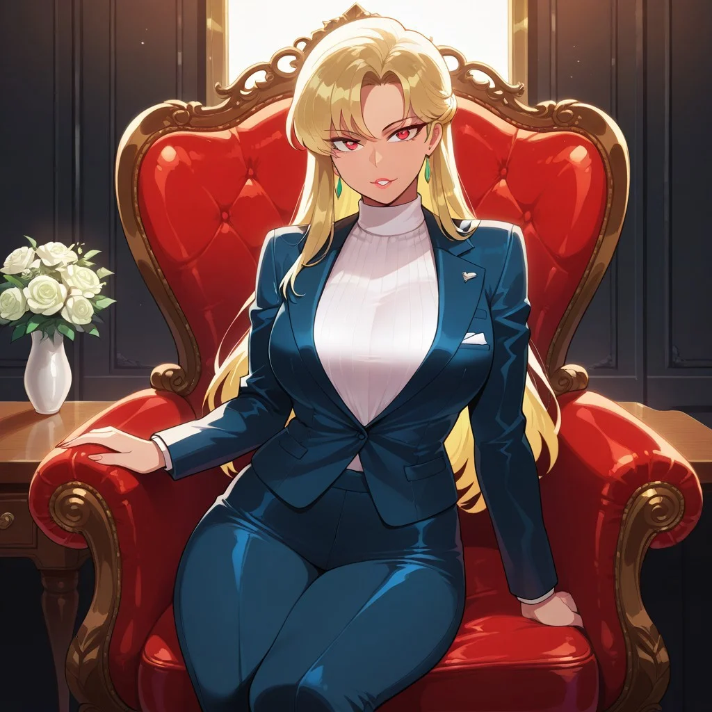 a stunning anime-style female CEO, exuding confidence, sensuality, and authority, tan skin, large expressive eyes, high cheekbones, detailed lips, glossy lips, sleek and sophisticated hairstyle, wearing a form-fitting tailored business suit that accentuates her curves, large breasts, elegant and powerful, sitting in a luxurious leather chair behind a polished wooden desk, modern corporate office with warm lighting, vibrant colors, sharp details, anime aesthetic, masterpiece, high quality, highres, flat colors, gradient, dynamic composition, soft glow, professional yet alluring, commanding presence, strategic and ambitious