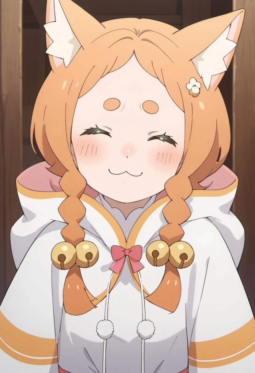 score_9, score_8_up, score_7_up, source_anime, mimi pearlbaton, animal ears, twin braids, bell hair ornament, cat ears, orange hair, green eyes, 1girl, braid, closed eyes, :3, solo, bell, hood, hair ornament, closed mouth, smile, blush, bow