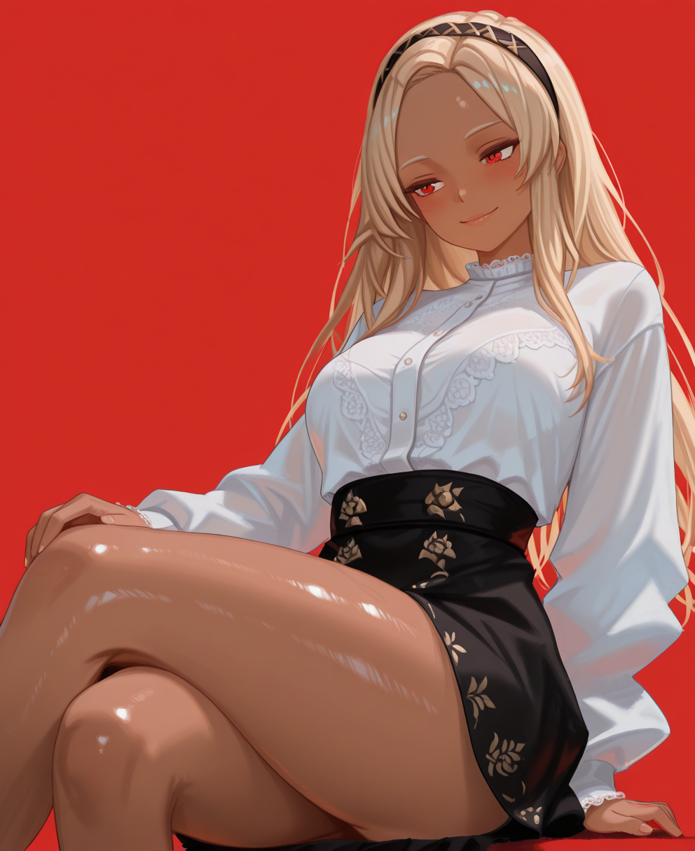 <lora:yan_kodiac:1> yan_kodiac,
(masterpiece), (best quality), (ultra-detailed), amazing quality, very aesthetic, illustration, perfect composition, intricate details, absurdres, incredibly absurdres, shiny skin, realistic,
 yan_kodiac, 1girl, red eyes, solo, blonde hair, skinned female, sitting, smile, dark skin, hairband, red background, crossed legs, skirt, shirt, white shirt, black skirt, blush, thighs, breasts, long hair, sensitive