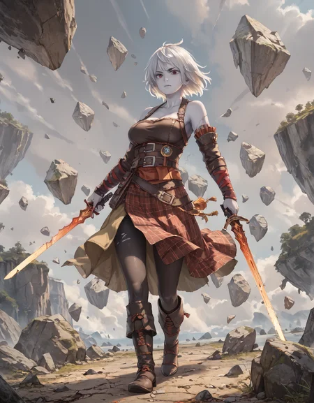 score_9, score_8_up, score_7_up, masterpiece, bosshi,
1girl, standing, large breasts,
nahiri, short hair, white hair, colored skin, nahiri, belt, boots, detached sleeves, plaid skirt, red skirt, armor, miniskirt, leather leggings,
holding sword, older woman,
rocks, flying rocks, cracks,
<lora:NAHIRI:0.8> <lora:Futabu_bosshi_illustration_style:0.8>