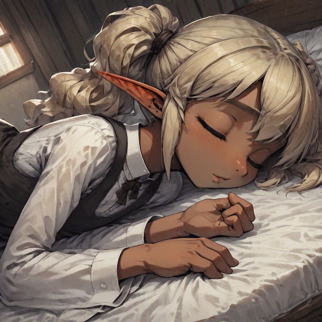 ASCII Lapanya, 1 person, 3/4 angle, solo, pointy ears, ((snout nose)), flat chest, fully grown adult, stocky stature, wide hips,  bangs, ((dark tan skin)):1.2, blonde hair, twintail hair, wavy hair, undergarments, laying on side, curled in fetal position, sleeping, closed eyes,  small nostrils, ((3 fingers 1 thumb)), indoors, fully clothed, clean lines, highly detailed face, detailed fingers, distinct fingers, high quality, best quality, masterpiece quality, snapshot, rating: g