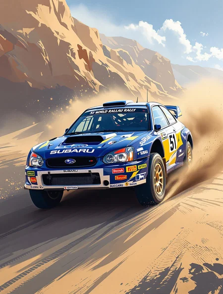 poster art, Subaru world rally car, number "51", Subaru drive on sand race track