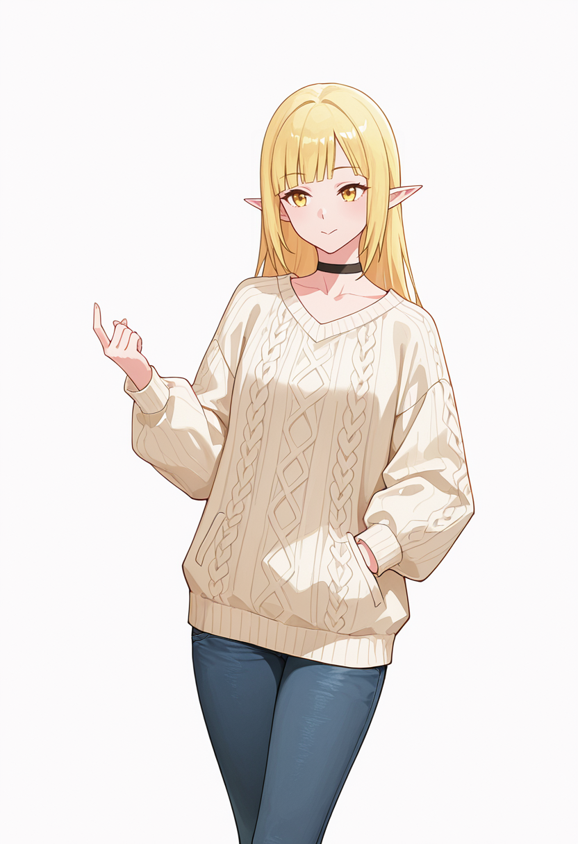 Smooth Quality,masterpiece,very intricate, high quality details, ultra realistic, high detailed skin,detailed enviorement,absurdres,
beckoning,solo,
 <lora:Rune_Noma_CNR:0.8> rune_cnr, pointy ears, blonde hair, long hair, yellow eyes, blunt bangs, elf,, simple background, white background, front view,
walking pose, one hand in pocket, head slightly turned, casual stride,,, :>=,, choker sweater,  ,pullover,,skinny jeans, ,