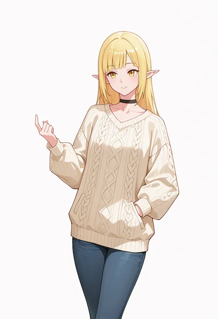 Smooth Quality,masterpiece,very intricate, high quality details, ultra realistic, high detailed skin,detailed enviorement,absurdres,
beckoning,solo,
<lora:Rune_Noma_CNR:0.8> rune_cnr, pointy ears, blonde hair, long hair, yellow eyes, blunt bangs, elf,, simple background, white background, front view,
walking pose, one hand in pocket, head slightly turned, casual stride,,, :>=,, choker sweater, ,pullover,,skinny jeans, ,