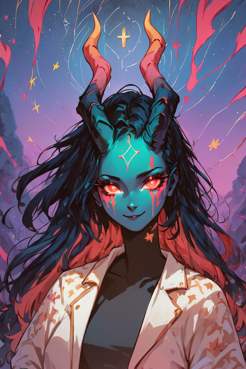 score_9, score_8_up, score_8, medium breasts, (curvy), cute, eyelashes,       BREAK, , BREAK, 1girl, solo, long_hair, looking_at_viewer, black_hair, upper_body, horns, sky, night, glowing, colored_skin, facial_mark, cross, demon_horns, star_(sky), glowing_eyes, starry_sky,, <lora:NebulaNoir:1.0>, , BREAK,  smile, looking at viewer, cowboy shot,  embedding:zPDXL, Expressiveh, <lora:SDXLFaeTastic2400:0.5>,  <lora:Expressive_H-000001:0.4>,