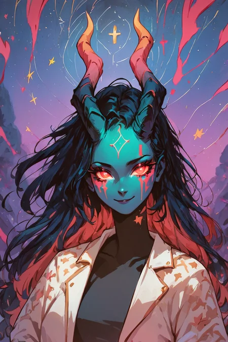 score_9, score_8_up, score_8, medium breasts, (curvy), cute, eyelashes, BREAK, , BREAK, 1girl, solo, long_hair, looking_at_viewer, black_hair, upper_body, horns, sky, night, glowing, colored_skin, facial_mark, cross, demon_horns, star_(sky), glowing_eyes, starry_sky,, <lora:NebulaNoir:1.0>, , BREAK, smile, looking at viewer, cowboy shot, embedding:zPDXL, Expressiveh, <lora:SDXLFaeTastic2400:0.5>, <lora:Expressive_H-000001:0.4>,