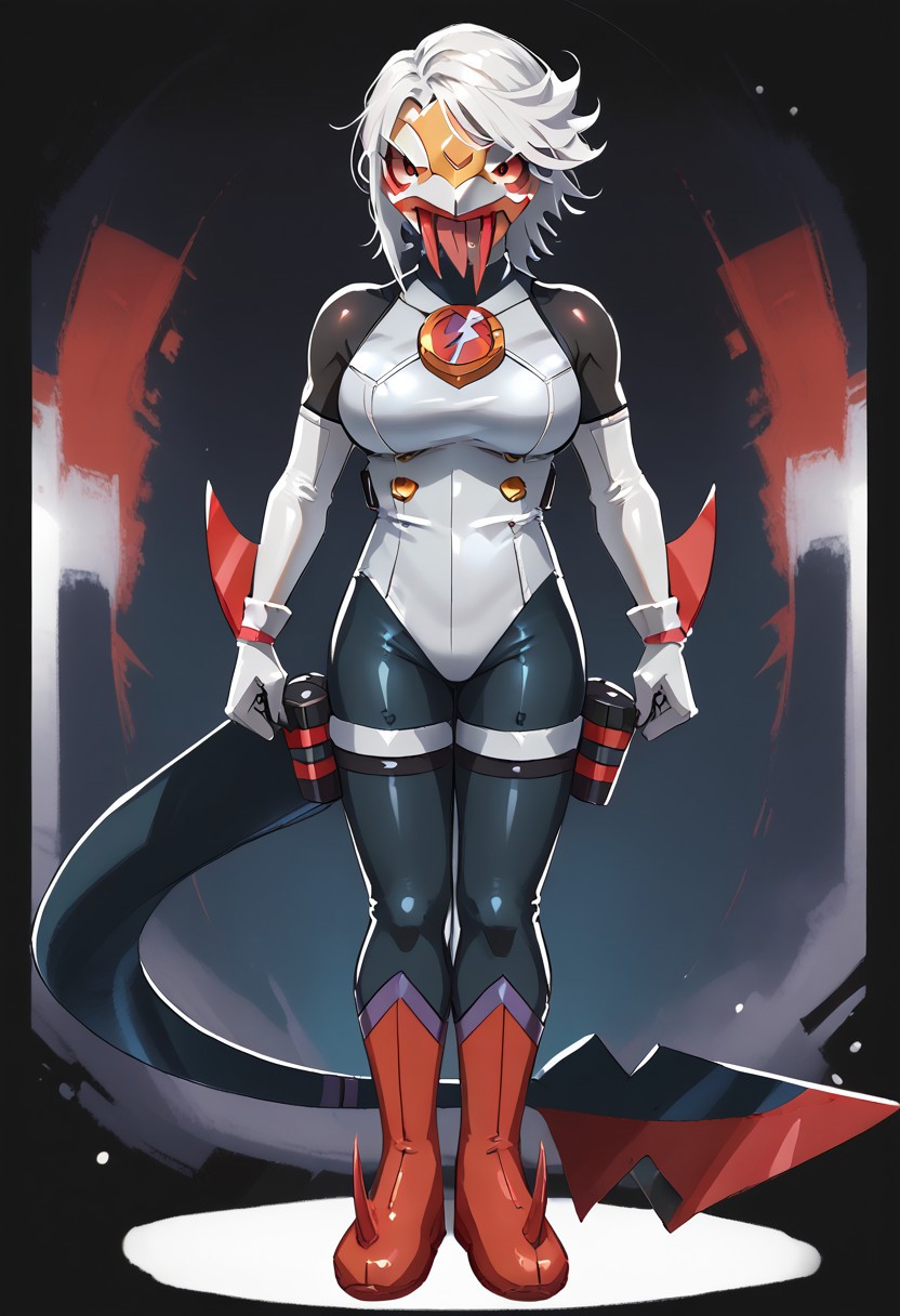 Score_10, score_9, score_8, full body, solo, 1girl, mature female, curvy, large breasts, shyhero, gloves, looking at viewer, elbow gloves, mask, white gloves, white hair, red eyes, white leotard, thigh boots, poisonfang, bodysuit, fangs, tongue, tongue out, tail, gloves, red gloves, boots, red footwear