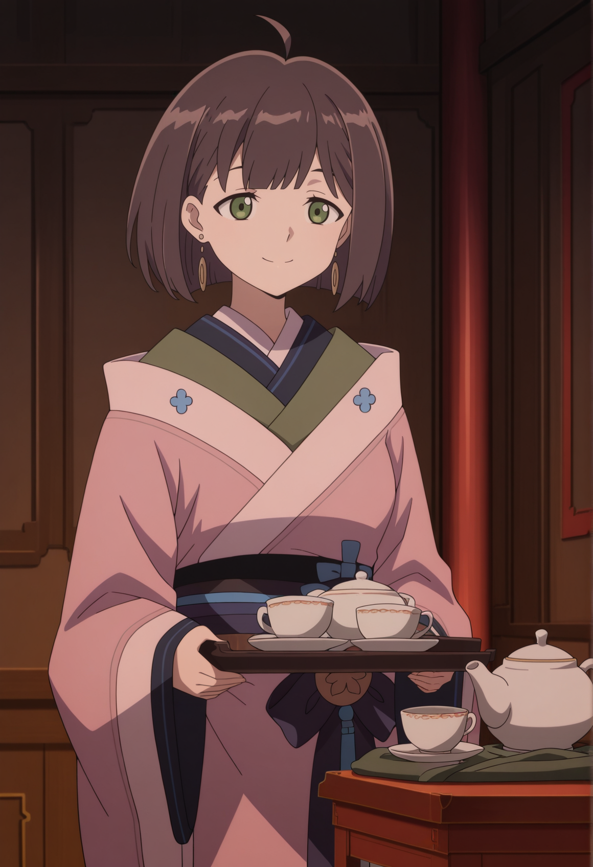 1girl, solo, brown hair, short hair, ahoge, green eyes, earrings, chinese clothes, pink kimono, holding tray, teapot, japanese teacup, smile, indoors   <lora:maid_ken_en_ken:1>, masterpiece, best quality, amazing quality, very aesthetic, absurdres, highres, newest