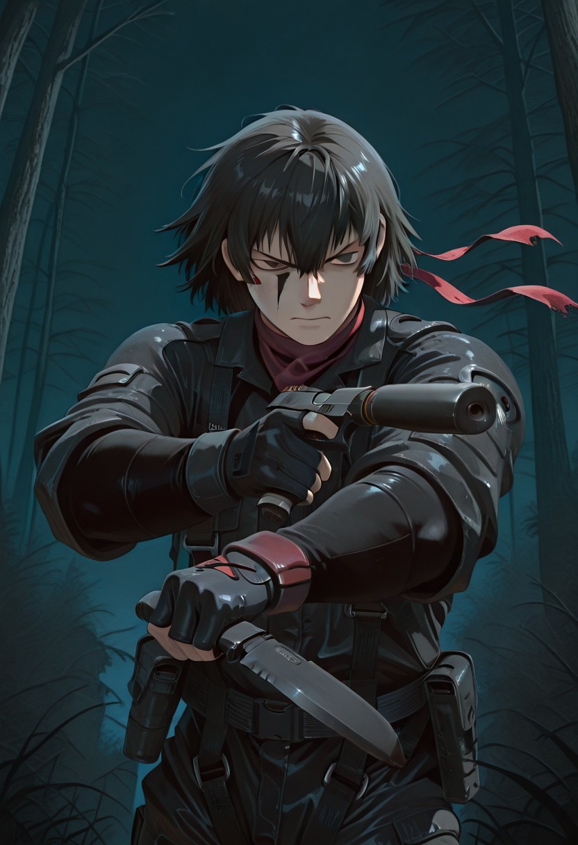 1boy, Raven, solo, black hair, black eyes, perfect eyes, black camo suit,  red bandana, fingerless gloves, pistol x tac knife, holding gun, suppressor, holding pistol and knife, upper body, jngl3, outdoors, nature, night, midnight, masterpiece, best quality, amazing quality,
