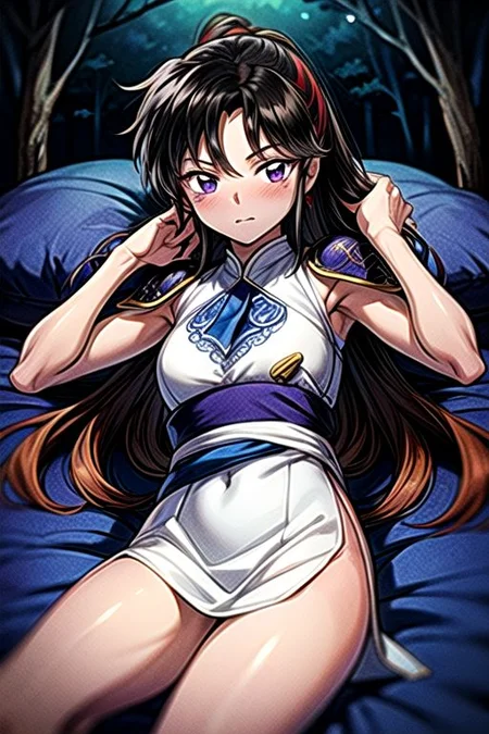 best quality 1girl Setsun4 solo long hair, (night time) forest background black hair very long hair purple eyes multicolored hair armor, small, (fur trim) (medium body),<lora:EMS-179-EMS:0.800000>,<lora:EMS-293862-EMS:0.800000> bow, hair_bow, hair_tubes, red_bow, brown_hair, long_hair, bangs, ascot, frilled_bow, yellow_ascot, blush, smile, hair_between_eyes, athletic, armor, miko, ,(((intricate outfit,intricate clothes,embroidered outfit,ornate outfit,embroidered clothes,ornate clothes))), laying down, lying down