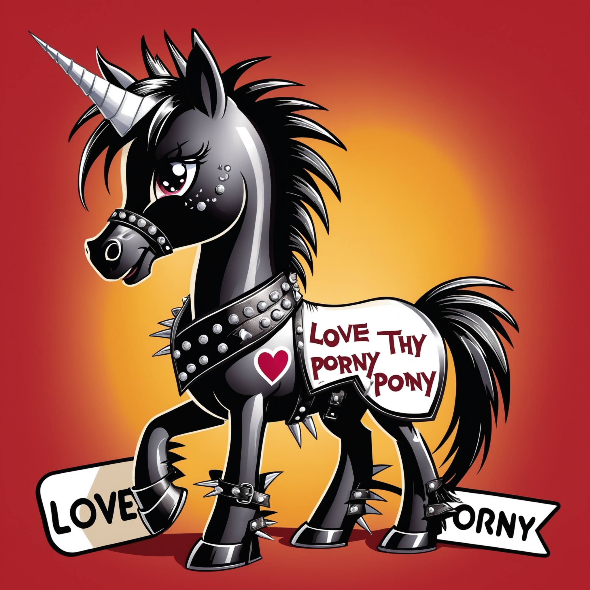 a fancy restaurant, a happy punk cartoon pony wearing leather and spikes, a sign that says ("LOVE THY PORNY" text logo) <lora:dvr-ftl:0.5>