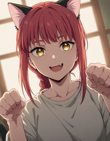 score_9, score_8_up, score_7_up, source_anime, makima, <lora:chainsaw-man-makima-s1-ponyxl-lora-nochekaiser:1> makima, long hair, smile, bangs, yellow eyes, braid, red hair, braided ponytail, ringed eyes,, <lora:paw-pose-ponyxl-lora-nochekaiser:1>, paw pose, cat ears, cat tail, animal ears, tail, cat girl, open mouth, fang, whiskers,, indoors, smile,, cowboy shot, dutch angle, looking at viewer,