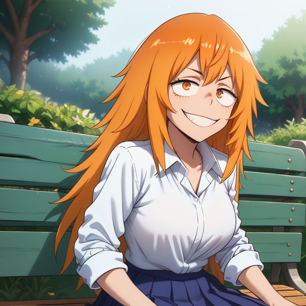 score_9, score_8_up, score_7_up, 8k uhd, masterpiece, best quality, high quality, absurd res, ultra-detailed, (highly detailed), solo, 1girl ,  gamo chan, orange hair, orange eyes, long hair, school uniform, white shirt, pleated skirt, evil smile, sitting, bench, park,  cowboy shot, Expressiveh, <lora:add-detail-xl:1.2> , greatm8 style,