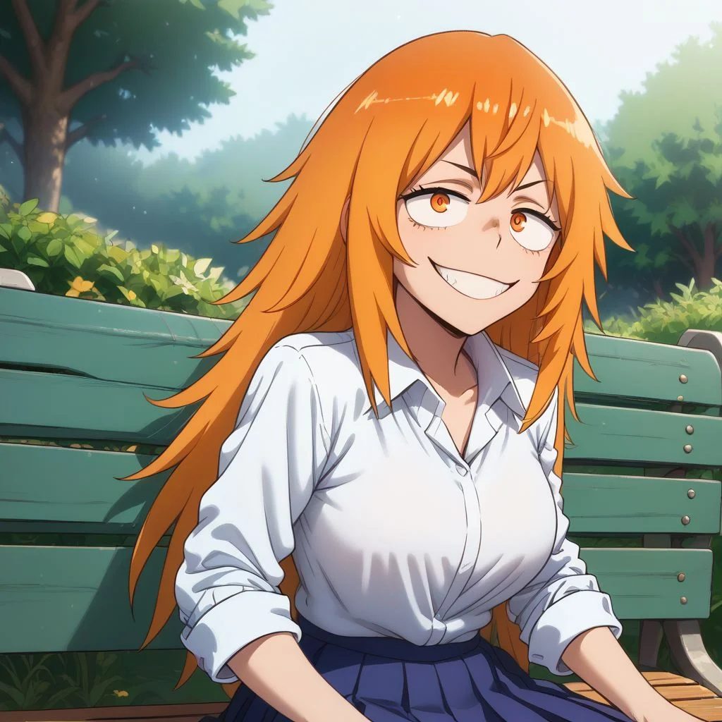 score_9, score_8_up, score_7_up, 8k uhd, masterpiece, best quality, high quality, absurd res, ultra-detailed, (highly detailed), solo, 1girl ,  gamo chan, orange hair, orange eyes, long hair, school uniform, white shirt, pleated skirt, evil smile, sitting, bench, park,  cowboy shot, Expressiveh, <lora:add-detail-xl:1.2> , greatm8 style,