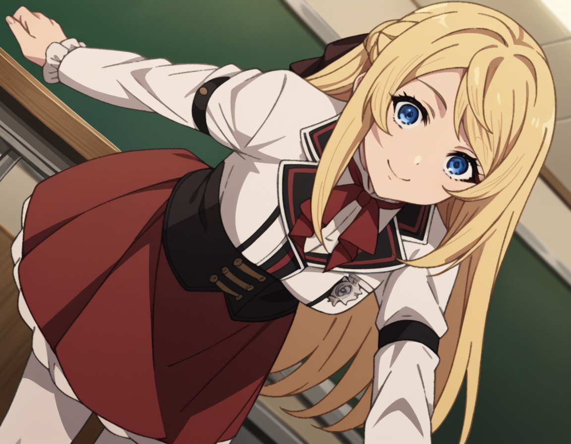 score_9, score_8_up, score_7_up, source_anime,
arielanemoiasura, <lora:ariel-anemoi-asura-s2-ponyxl-lora-nochekaiser:1>,
ariel anemoi asura, long hair, blue eyes, blonde hair, braid, french braid,
skirt, long sleeves, pantyhose, frills, shoes, red skirt, loafers, white pantyhose, blazer, white blazer, corset, black corset,
indoors, classroom, smile, bent over,
looking at viewer, dutch angle, cowboy shot,