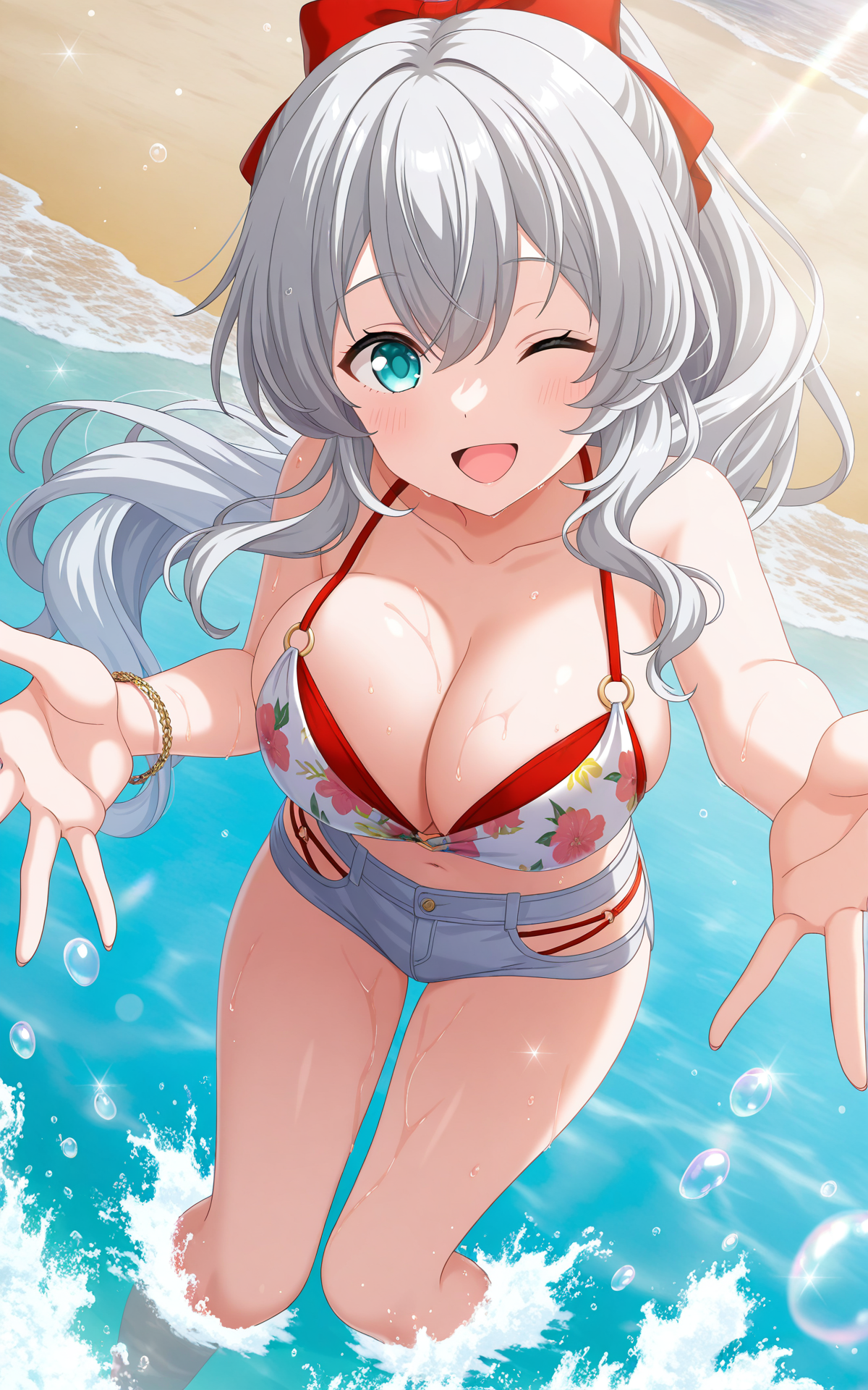 masterpiece, best quality, good quality, newest,4k, perfect lighting, cinematic, very aesthetic, official art, anime screencap, anime coloring,outdoors,beach,sea,sunlight,
1girl,solo,anette,grey hair,long hair,hair between eys,ponytail,hair bow,aqua eyes,collarbone,jewelry,bursting breasts,bikini top,cleavage,midriff,microshorts,thighs,feet submerged water, 
facing viewer,looking at viewer,smile,open mouth,one eye closed,wet,splashing,from above,BREAK
 <lora:ILanette:1>