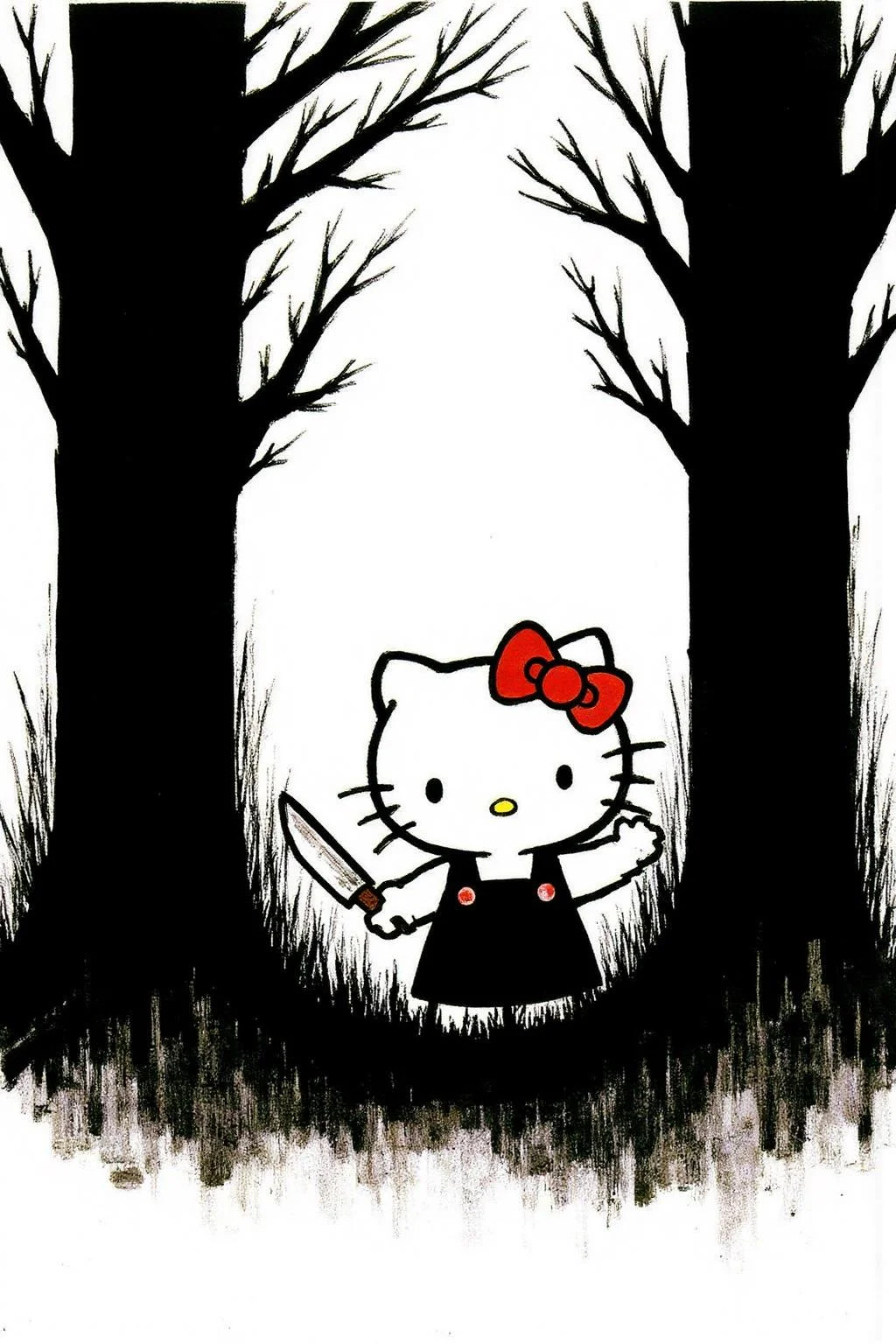 regr1 sketch Hello Kitty in the middle of the forest holding a knife, the atmosphere and the character looks scary, Hello Kitty is hidden by the shadows The background is stark white. <lora:regr2_fashion_nocap_d6a3:1.0><lora:807672100694501235:0>