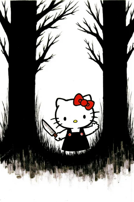 regr1 sketch Hello Kitty in the middle of the forest holding a knife, the atmosphere and the character looks scary, Hello Kitty is hidden by the shadows The background is stark white. <lora:regr2_fashion_nocap_d6a3:1.0><lora:807672100694501235:0>