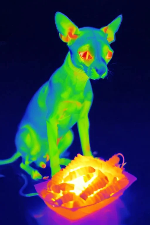 alien pets the dog,  thermalvision  <lora:thermalvision_v0.0.3:1.3>