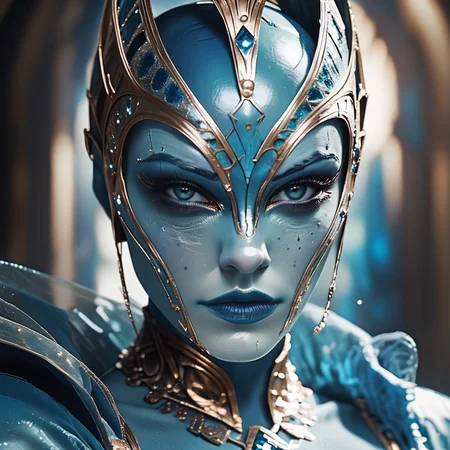 Score_9, score_8_up, score_7_up, score_6_up,BREAK <lora:2020s_Sci-Fi_MoviePony:1> ArsMovieStill, Movie still from a 2020s Sci-Fi movie, The image shows a woman wearing a blue and gold costume with a crown on her head set against a blurred background. She is wearing a mask giving her a mysterious and regal look., 1girl, solo, blue lips, looking at viewer, makeup, portrait, colored skin, blurry background, blurry, blue skin
