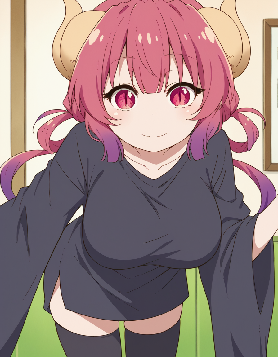 score_9, score_8_up, score_7_up, source_anime,
dragonilulu, <lora:dragon-ilulu-s2-ponyxl-lora-nochekaiser:1>,
ilulu, curled horns, horns, long hair, multicolored hair, purple hair, red eyes, red hair, slit pupils, large breasts,
black shirt, long shirt, black thighhighs, collarbone, shirt, short sleeves, thighhighs, wide sleeves, zettai ryouiki,
indoors, bent over, smile,
looking at viewer, cowboy shot, dutch angle, solo,