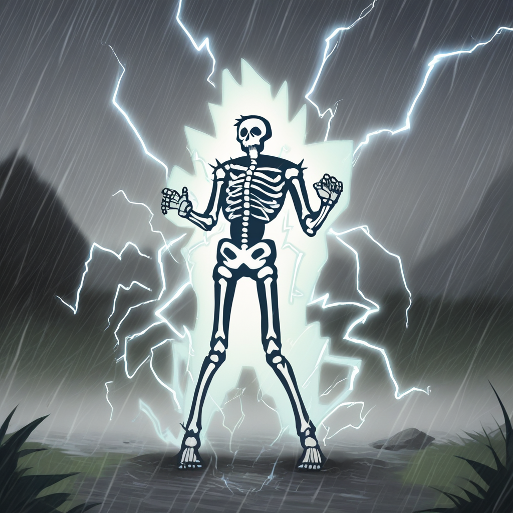 score_9, score_8_up, score_7_up, score_6_up, score_5_up, score_4_up, zPDXL2,source_anime,rating_questionable,  outdoors, storm, raining, lightning strike, <lora:Cartoon_Electrocution:0.8> electrocut1on, skeleton, full body, ribs, skull, electricity