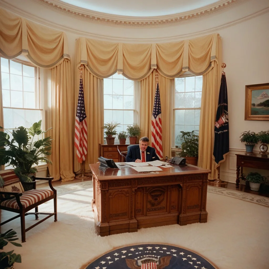 score_8, score_8_up, score_7_up, score_6_up, photo (medium), no humans, realistic, white house, oval_office, resolute_desk, seal of the president of the United States, curtains, window, windows, flag, plant, potted plant, indoors, carpet, flag, American flag
