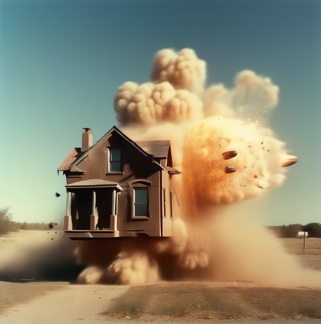 motioshot  house shot by a bullet, explosion, post-apocalyptic landscape in the background, high-speed photography <lora:motioshot:1>