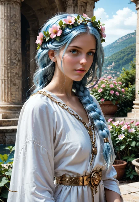 safe_pos, Beautiful woman, 24 years old. Fair skin. Smooth skin. Silvery blue hair. Incredible detail, high clarity. Free hair with braids. Long hair. Pink lips. Good anatomy. Detailed face. Attractive. Curvy. Bosom. European.
She is wearing a beautiful Greek goddess robe. Ancient temple setting. Flower wreath on head.