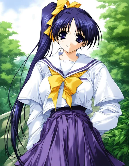 score_9, score_8_up, score_7_up, source_anime, rating_explicit, BREAK <lora:Itou_Noemi_XL:1> ItouNoemi, long hair, blue hair, blue eyes, hair bow, side ponytail, yellow bow, purple hair, ponytail, hair ribbon, purple eyes, breasts, white bow, smile,
school uniform, purple skirt, white long sleeve,
outdoor, day,