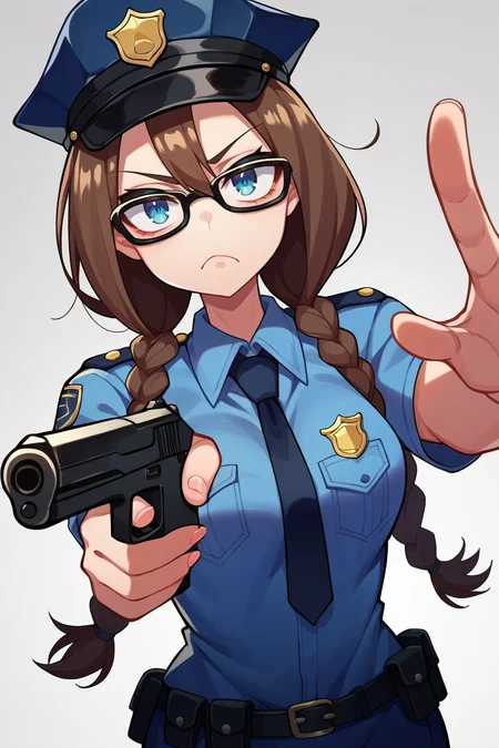 score_9, score_8_up, score_7_up, score_6_up, source_anime BREAK 1girl, <lora:yoshidasaki-pdxl-nvwls-v1-000006:1> defSaki, blue eyes, brown hair, twin braids, hair over shoulders, glasses, police uniform, police cap, holding pistol, looking at viewer, aiming, gun, serious
