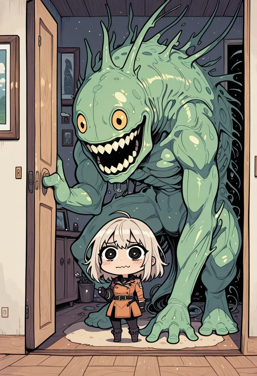 score_9, score_8_up, score_7_up Rapscallionstyle in the style of cksc d41z3n masterpiece, best quality, very aesthetic, detailed face, incoth, artial illumination, thick linework, illustration
1girl, standing, looking around, wavy mouth, (monster is standing behind her), monster is smiling, the monster covers his smiling mouth with his hand, kawai, chibi, living room
<lora:Rapscallion_Illustrious:0.5> <lora:MoriiMee_Gothic_Niji_Style_Illustrious_r1:0.45> <lora:ck-shadow-circuit-IL:0.48> <lora:DAIZEN_DHXL:0.45>