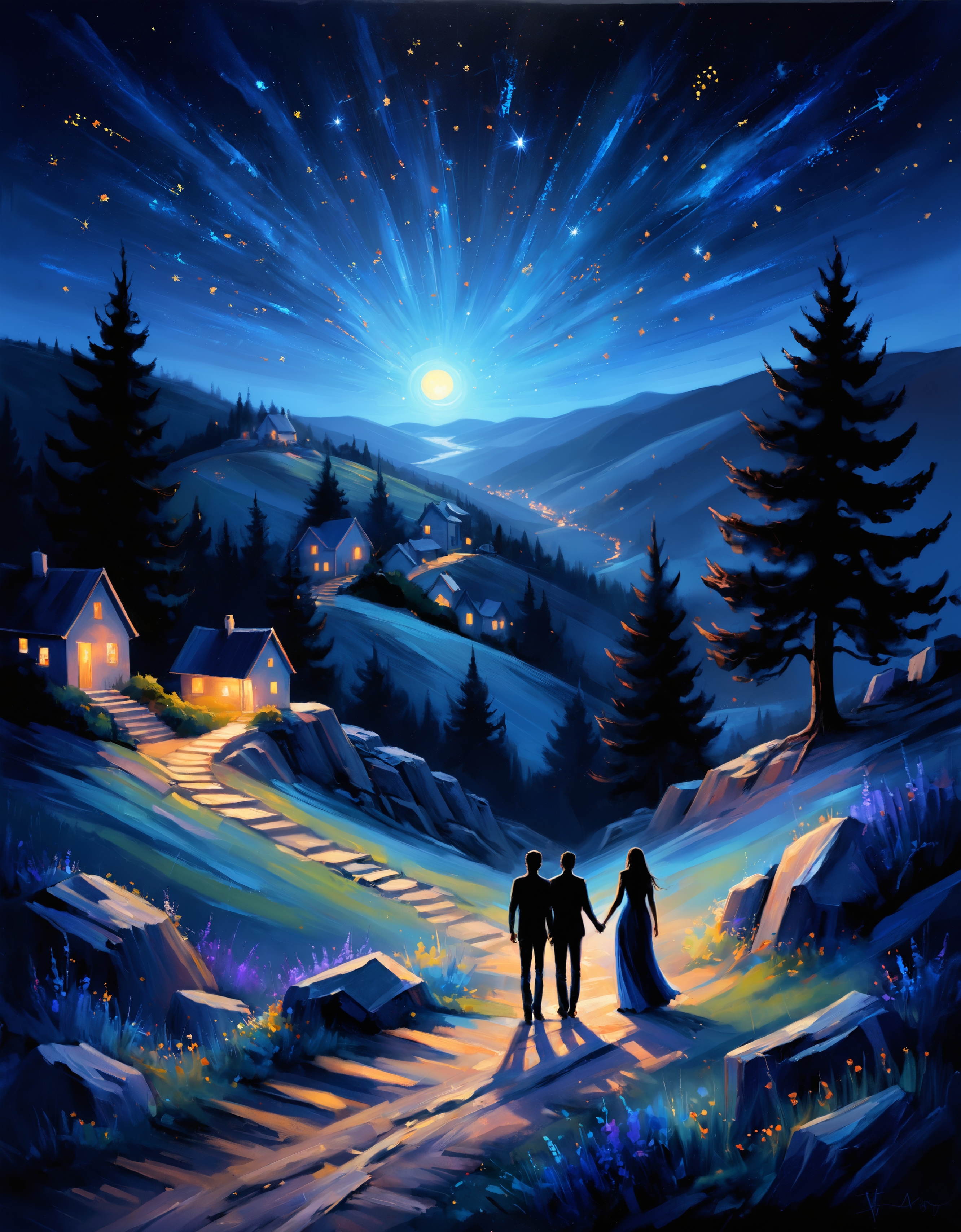 zavy-rghpnt, "Whispers of the night, stars as messengers, guiding us through the darkness with their shimmering light.", Comforting hillside in background, at Blue hour, creative, perfect background, radiant, gorgeous, full color