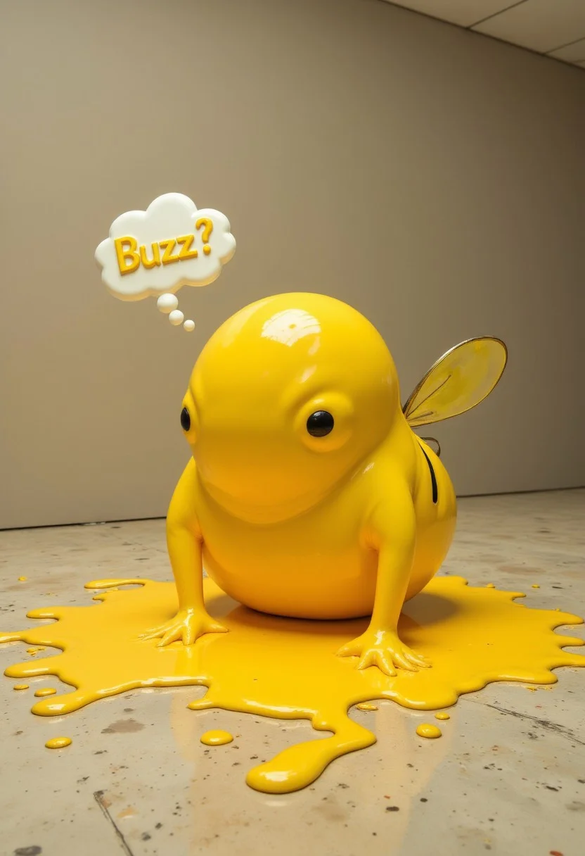 A vibrant, melting blob creature resembling a bee is slowly becoming a pool of yellow on the floor, thought bubble:"buzzz..."