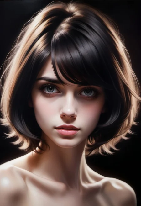 ((anime oil painting)), (head and shoulders portrait), (1girl), (detailed), ((Turning)), (((short stocky Half-Scottish/Turkish girl))), (pretty girl), ((topless)), (((alone on small stage))), (((in front of male tuxedo-wearing Hypnotist))), (poised), ((pale skin)), ((dimples)), (cute face), ((pixie-nose)), ((textured wavy bob-cut hair)), ((clavicles)), (shy eyes), (very embarrassed face), (((appropriate shadowing))), ((appropriate direction of light)), Very Dark background. Intricate textures, (high detailed skin:1.7),