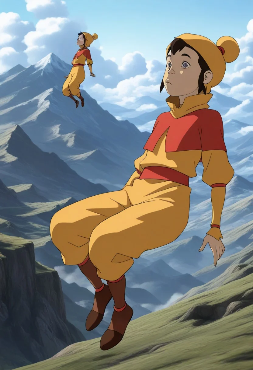 masterpiece, best quality, amazing quality, very aesthetic, high resolution, ultra-detailed, absurdres, 1girl, ikki_sdxl, outfit1, air nomad outfit, brown shoes, yellow jumpsuit, red cropped capelet, high collar, Unreal Engine 5, realistic, floating, midair, landscape, mountain,