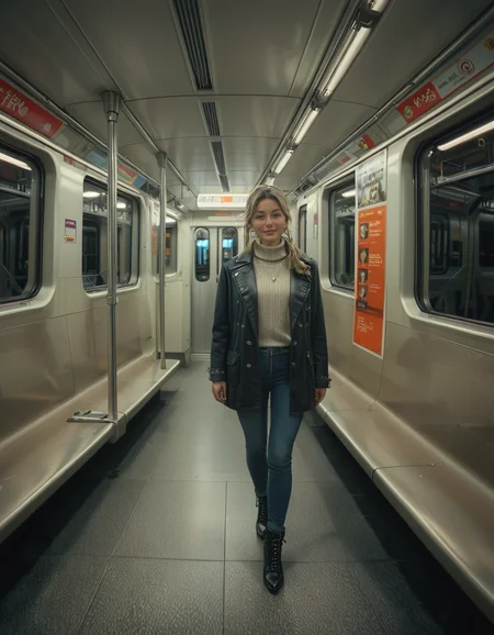 A modern subway train,Subw4y tr41n, in motion, with a single woman standing near the center of the train car, holding onto a shiny metal pole for balance as the train glides along the tracks. The woman is dressed casually yet stylishly, wearing a long black coat over a beige turtleneck sweater, paired with slim-fit jeans and ankle boots. Her hair is neatly tied back into a low bun, with a few loose strands framing her face. She has a thoughtful, calm expression, her gaze directed slightly downward as if lost in her own world. In her other hand, she holds a small tote bag, its strap looped over her wrist, with a paperback book peeking out from the top.
The subway car is clean but shows subtle signs of daily use. The walls are lined with muted gray panels, and the seats along the edges of the car are upholstered in a dark blue fabric, slightly faded from wear. Overhead, fluorescent lighting casts a bright, even glow across the interior, causing faint reflections on the polished floor, which is marked with the occasional scuff from commuters' shoes. Metal grab handles hang from above, gently swaying with the trainâs movement, and shiny steel poles are strategically placed throughout the car.
The windows on both sides reveal a blurry, motion-filled view of the dark subway tunnel, interspersed with flashes of graffiti-covered walls and dim utility lights. Above the windows, digital displays show the next stop in bright LED text, along with a route map that runs the length of the car. Small advertisements are mounted on the walls, showcasing everything from city events to product promotions, some with vibrant colors that add subtle contrast to the neutral tones of the train.
The atmosphere feels still and introspective, with the soft hum of the train and the occasional squeal of the wheels on the track. The train is sparsely occupied, with a few empty seats and subtle details like a forgotten coffee cup on one bench and a folded newspaper lying on the floor. The overall mood is quiet and reflective, capturing a moment of solitude and thoughtfulness during an ordinary subway ride.<lora:SDXLFaeTastic2400:0.4> <lora:extremely_detailed:0.4> extremely detailed, <lora:Subw4y_tr41n:1>, Masterpiece,best quality,hi res,8k,hi res,8k,award winning,(sharp focus, intricate, highly detailed),