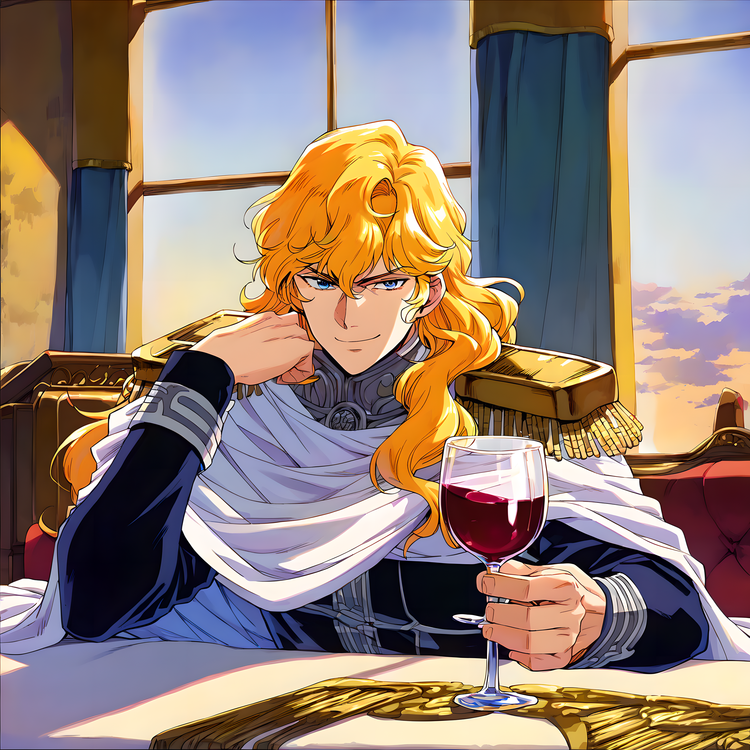 <lora:pony_xl_Reinhard:0.8>,Reinhard,score_9,score_8_up,male,1boy,solo,long hair,male focus,star \(sky\),uniform,white cape,epaulettes,military,military uniform,sitting,window,parody,looking_at_viewer,cowboy_shot,smirk,closed_mouth,wine,wine glass,night,