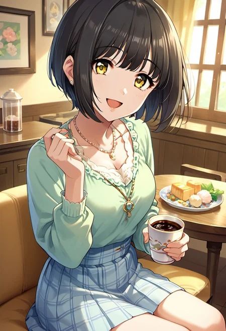 score_9, score_8_up, score_7_up, source_anime, takafuji kako, black hair, yellow eyes, short hair, jewelry, necklace, smile, sitting, skirt, looking at viewer, food, cup, 1girl, open mouth, sakazuki