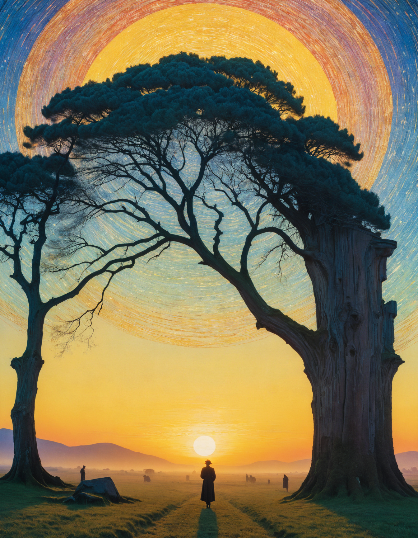 by Richard Avedon and Mikalojus Ciurlionis,  (babyish , euphoric , masterful:1.4), poster art, bold lines, hyper detailed, expressive,  award winning,  (landscape:1.4), (intricate details, masterpiece, best quality:1.4),
dusk and dawn lighting , looking at viewer, dynamic pose, wide angle view,
<lora:add-detail-xl:1> <lora:xl_more_art-full_v1:0.5> <lora:looking_at_viewer:2>