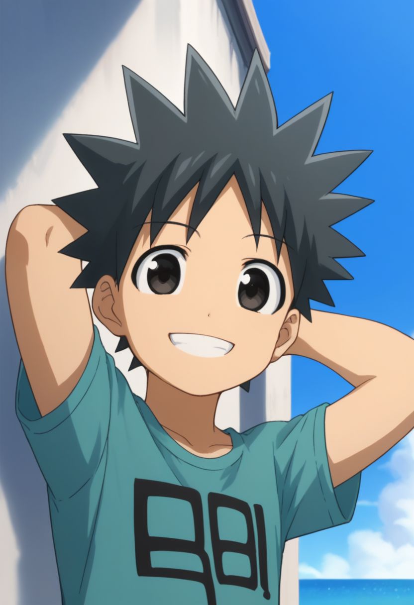 score_9, score_8_up, score_7_up, source_anime, highly detailed, cute,
takeru, 1boy, male focus, solo, black hair, sky, smile, grin, spiked hair, black eyes, day, blue sky, cloud, shirt, pants, short pants, upper body, hands behind head,
outdoor,