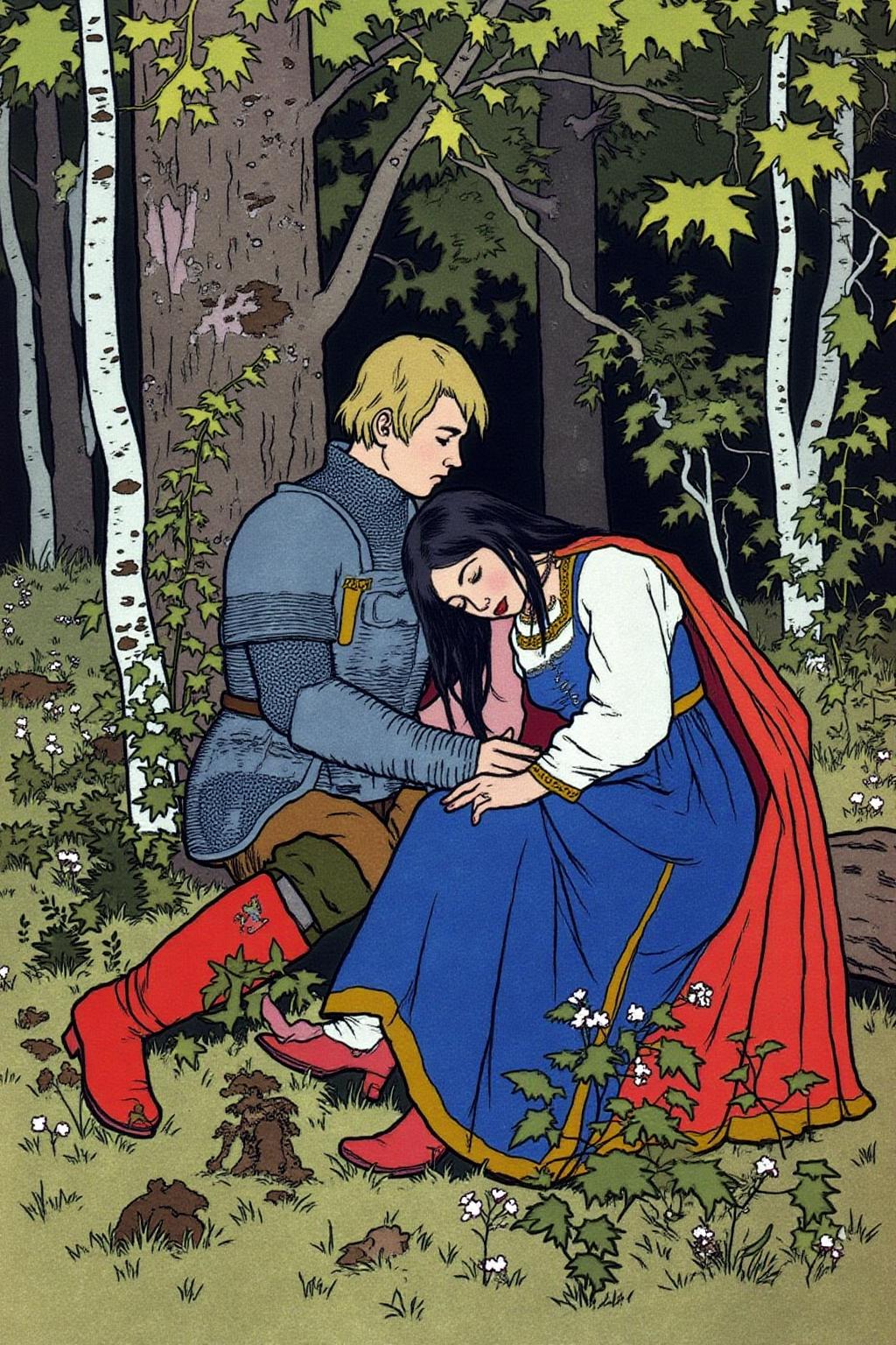 ivanbilibin1 illustration. A blonde knight and a lady sitting under a tree. The lady has dark hair and is wearing a blue dress. The knight is sleeping with his head on the leg of the lady  <lora:ivanbilibin2_cap_d6a3e11:1.0><lora:857362457448965407:0>