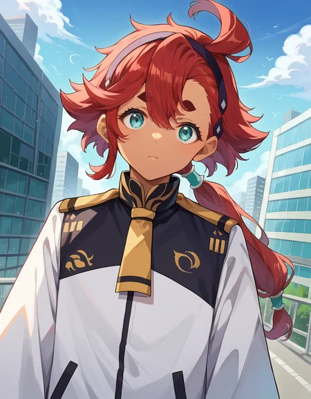 score_9, score_8_up, score_7_up, source_anime,
sulletamercury, <lora:sulleta-mercury-ponyxl-lora-nochekaiser:1>
sulleta mercury, ahoge, aqua eyes, black hairband, dark skin, dark-skinned femaile, hair between eyes, hairband, long hair, low ponytail, red hair, swept bangs, thick eyebrows,
asticassia school uniform, jacket, long sleeves, school uniform, white jacket,
outdoors, cityscape,
looking at viewer, dutch angle, cowboy shot,