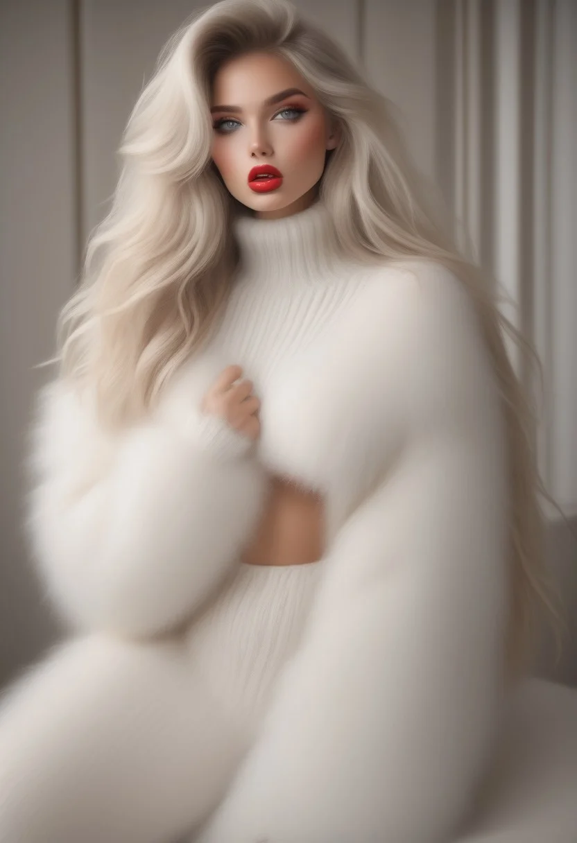 score_9, score_8_up, score_7_up, realistic, hyper-realistic, ultra-realistic, best quality, full body length photo.
Professional photo of Lady_Cool Flux.  detailed face, ultra-detailed eyes, white hair, striped, off shoulder Mohair_sweater. Model posing and  (((seducing the viewer))), looking at viewer. Woman with wavy voluminous hair, absurdly long hair, light blue eyes, beautiful realistic eyes, heavy makeup look, including extra (long lashes), (extended eyeliner), filled in brows, wearing a (fur trim, fluffy, fuzzy, shaggy, hairy, hirsute, cream Mohair_sweater):1.7, under-boob sweater ((absurdly long hair, selfie, white dress,  lips,  red lipstick on lips, parted lips, (((bimbo lips))), ((bow shaped lips))), Cupids bow, puckered lips, ultra-detailed lips,