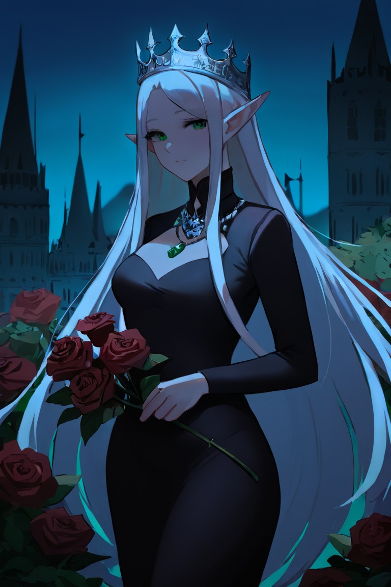 masterpiece, best quality, highres, newest, low light, dark, 1girl, solo, mature female, elf, pointy ears, breasts, long hair, very long hair, white hair, green eyes, portrait, looking at viewer, medium breasts, high collar, long dress, black dress, crown, silver crown, holding, holding flower, rose, red rose, necklace, jewelry, closed mouth, cowboy shot, standing, outdoors, castle <lora:Ani-B - Night [LoRA] - NoobAI-XL EPS 1.0:0.8>