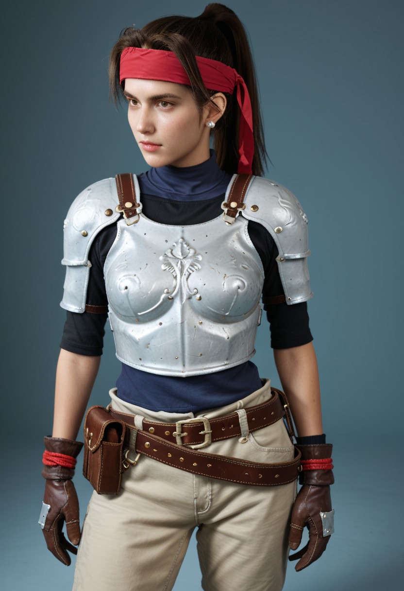 score_9, score_8_up, score_7_up JessieRaspberry101 red headband, a metal breastplate, a blue undershirt, metal-plated brown gloves with red bands, a brown leather belt and holster, knee-length green capris, and armored boots. In her secondary avalanche attire, she also wears a black shirt under her breastplate, black wristbands, and silver stud earrings.