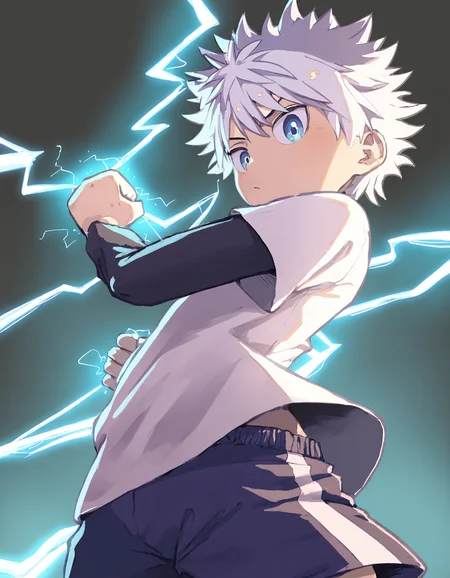 masterpiece, steelwire-style, simple background, backlighting, depth of field, 1boy, solo, Killua Zoldyck, White hair, blue eyes, looking down at viewer, white shirt, blue shorts, electricity, glowing, spiked hair, power pose, clenched hand <lora:steelwire_naiXL_v1Nd-ShoAI:1>