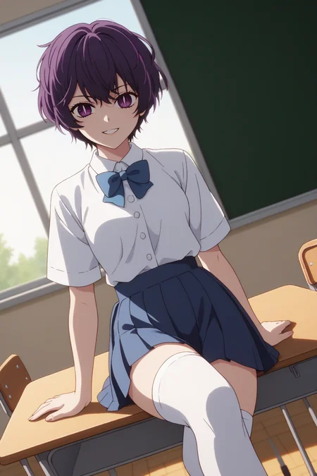 sscore_9, score_8_up, score_7_up, source_anime, 1girl, prefect lighting, very aesthetic, intricate details, highly detailed background, masterpiece, high quality, prefect hands, best quality, solo,
<lora:Abiko_Samejima_Oshi_No_Ko_V1:.85>, KJOabiko, purple hair, purple eyes, slit pupils, short hair,
school uniform, blue skirt, white thighhighs, blue bowtie,
cowboy shot, dutch angle, sitting on desk, crossed legs, smirk, looking at viewer,
classroom, windows, dawn,
(Beautiful, small Breasts:1.2), natural breasts,
