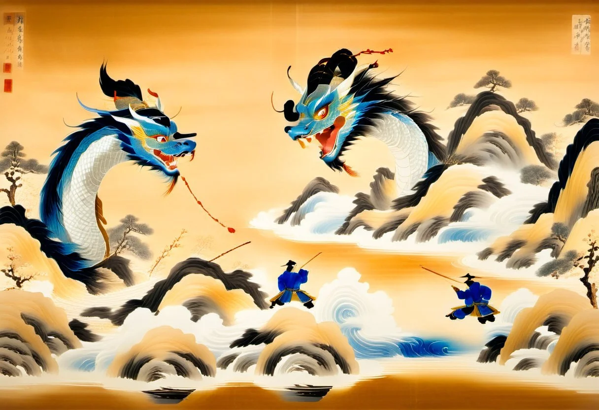 (anime), Sinoink, Chinese dragon, dueling warriors, iridescent, masterpiece, score_9